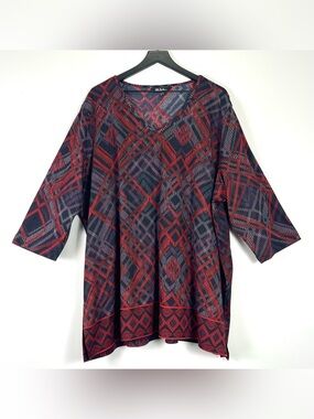 ULLA POPKEN Women's V-Neck Black Red Gray Diamond Plaid 3/4 Sleeve Size 24/26